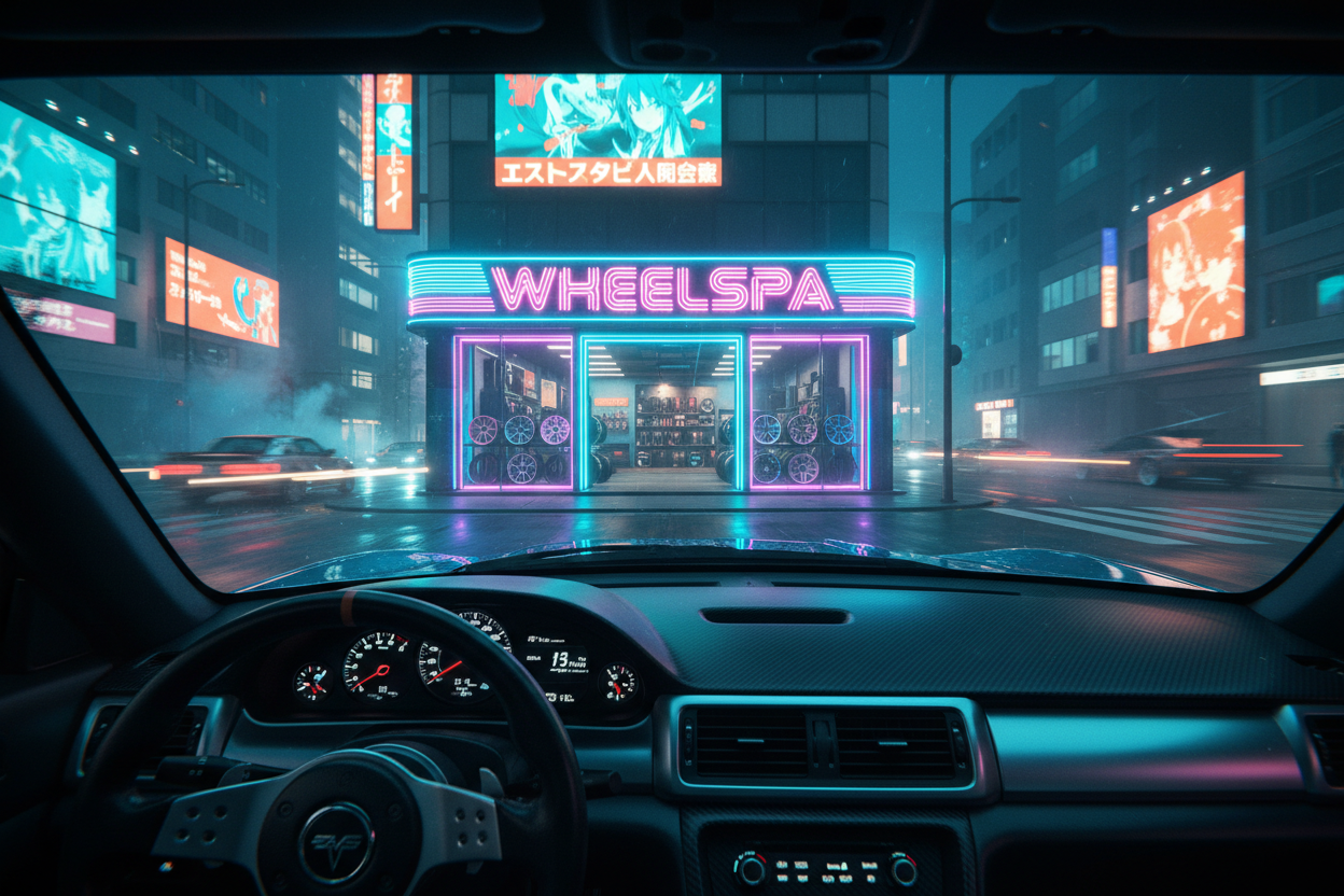 MAKE A 1000*250 suzed image of the view towards a car accessories store named wheelspa with a theme of the movie tokyo drift to from a luxury modified car 